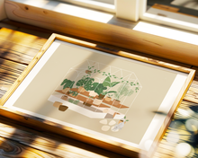 Lade das Bild in den Galerie-Viewer, botanisches Poster mit Motiv eines Gewächshauses auf neutralem Hintergrund mit vielen Pflanzen und Katze
