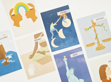 Lade das Bild in den Galerie-Viewer, Überblick über verschiedene Bildkarten im Wertekartenset mein innerer Kompass, die mit Illustrationen für eine Verankerung der Werte sorgen. Sichtbar sind die Wertekarten Gelassenheit, Empathie, Achtsamkeit, Altruismus, Freiheit, Gerechtigkeit und Echtheit
