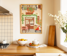 Lade das Bild in den Galerie-Viewer, Küchendekoration mit Poster eines italienischen Restaurants in der Toskana mit Holzschild "Ristorante". Der Eingang des Restaurants mit Wein bewachsen und vor dem Restaurant steht eine rote Vespa.
