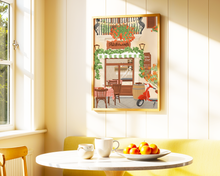 Lade das Bild in den Galerie-Viewer, Dekoration eines Esszimmers in warmen Farben mit Kunstdruck eines Restaurants in Italien mit mediterranen Pflanzen und roter Vespa
