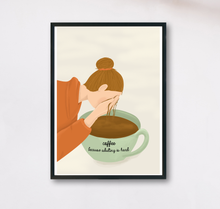 Lade das Bild in den Galerie-Viewer, Kunstdruck Kaffee für die Küche mit Spruch coffee because adulting is hard
