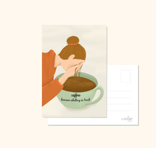 Lade das Bild in den Galerie-Viewer, Postkarte Spruchkarte coffee because adulting is hard mit Abbikdung einer Frau, die sich in einer überdimensionalen Kaffeetasse das Gesicht wäscht
