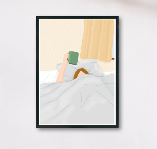 Kunstdruck A4Kaffee im Bett mit Illustration einer Kaffee trinkenden Frau im Bett in Beigetönen