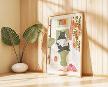 Lade das Bild in den Galerie-Viewer, WC Poster mit schwarzer Katze, die in einem alten Badezimmer auf Toilette sitzt und Zeitung liest
