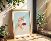 Lade das Bild in den Galerie-Viewer, Poster mit Illustration einer süßen roten Katze mit Rotweinglas
