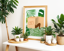 Lade das Bild in den Galerie-Viewer, Poster verlasse deine Komfortzone mit humorvoller Illustration einer Frau in einer Pappkiste
