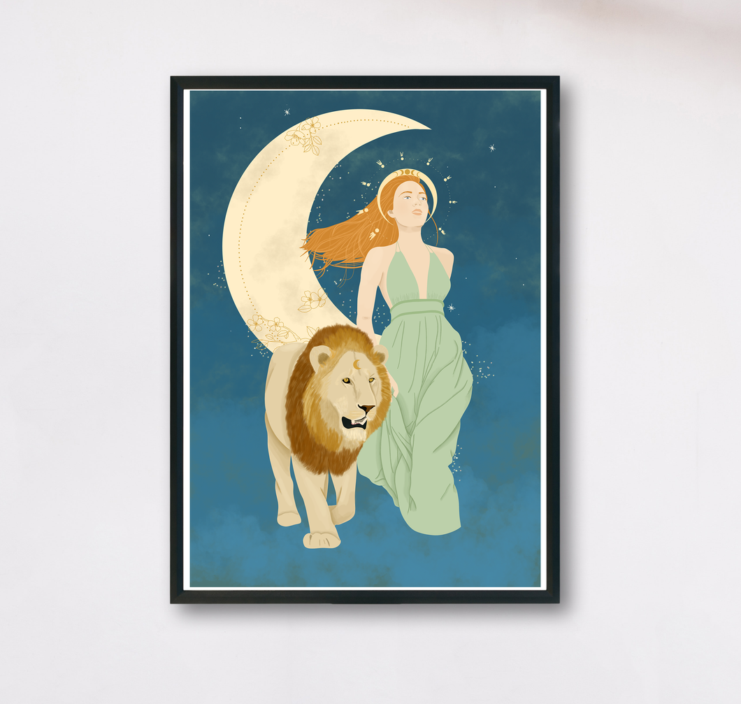 Kunstdruck mit Illustration eines Löwen und einer starken Frau im Mondlicht