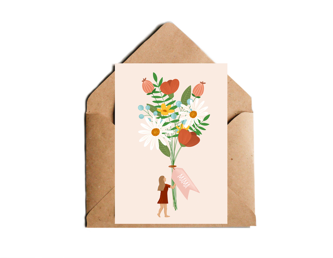 Karte zum Muttertag mit moderner Illustration von Blumenstrauß mit Geschenkkarte Mama und Mädchen