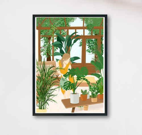 Pflanzen Kunstdruck mit Illustration einer Frau, die Pflanzen in ihrem bewachsenen Wintergarten gießt