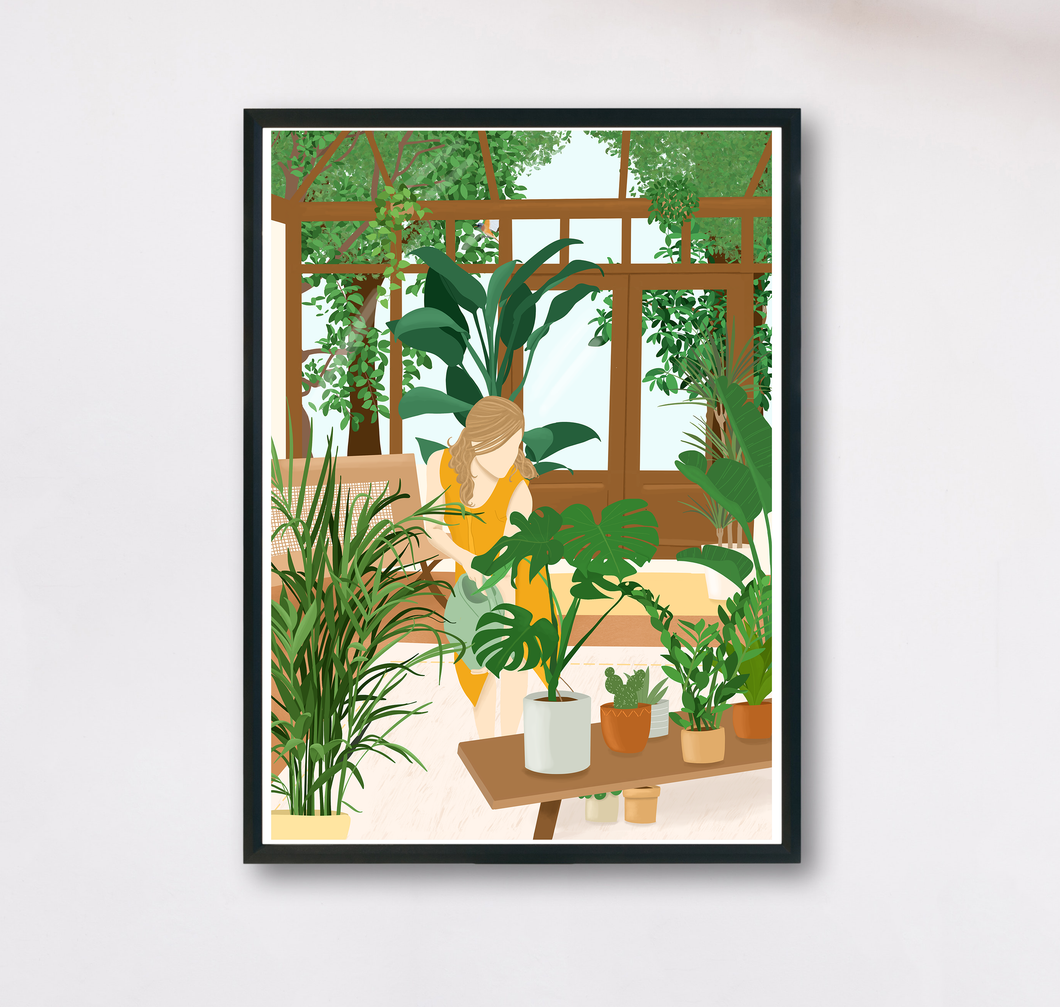 Pflanzen Kunstdruck mit Illustration einer Frau, die Pflanzen in ihrem bewachsenen Wintergarten gießt