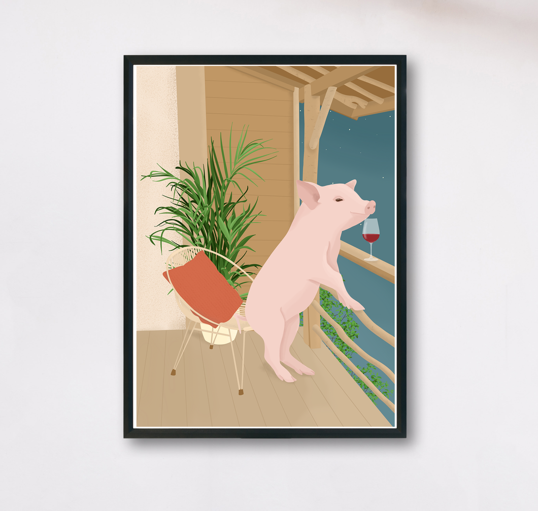 Kunstdruck mit surrealer Illustration eines Schweins auf einem Balkon bei Nacht
