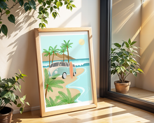 Lade das Bild in den Galerie-Viewer, Poster im 70er Jahre Stil mit Campervan am Meer und Surfbrett in blau und rosa

