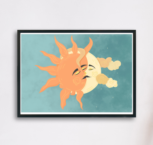 Kunstdruck mit Kuss zwischen Sonne und Mond