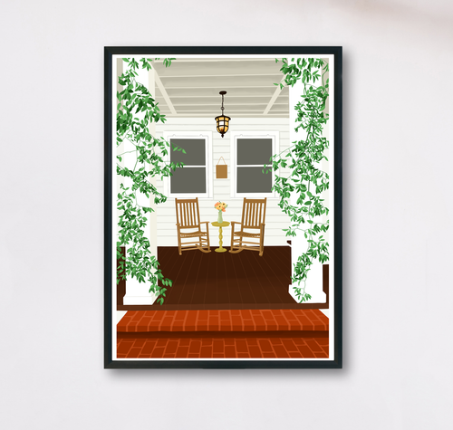 Kunstdruck mit Illustration einer gemütlichen Terrasse mit Schaukelstühlen und Pflanzen