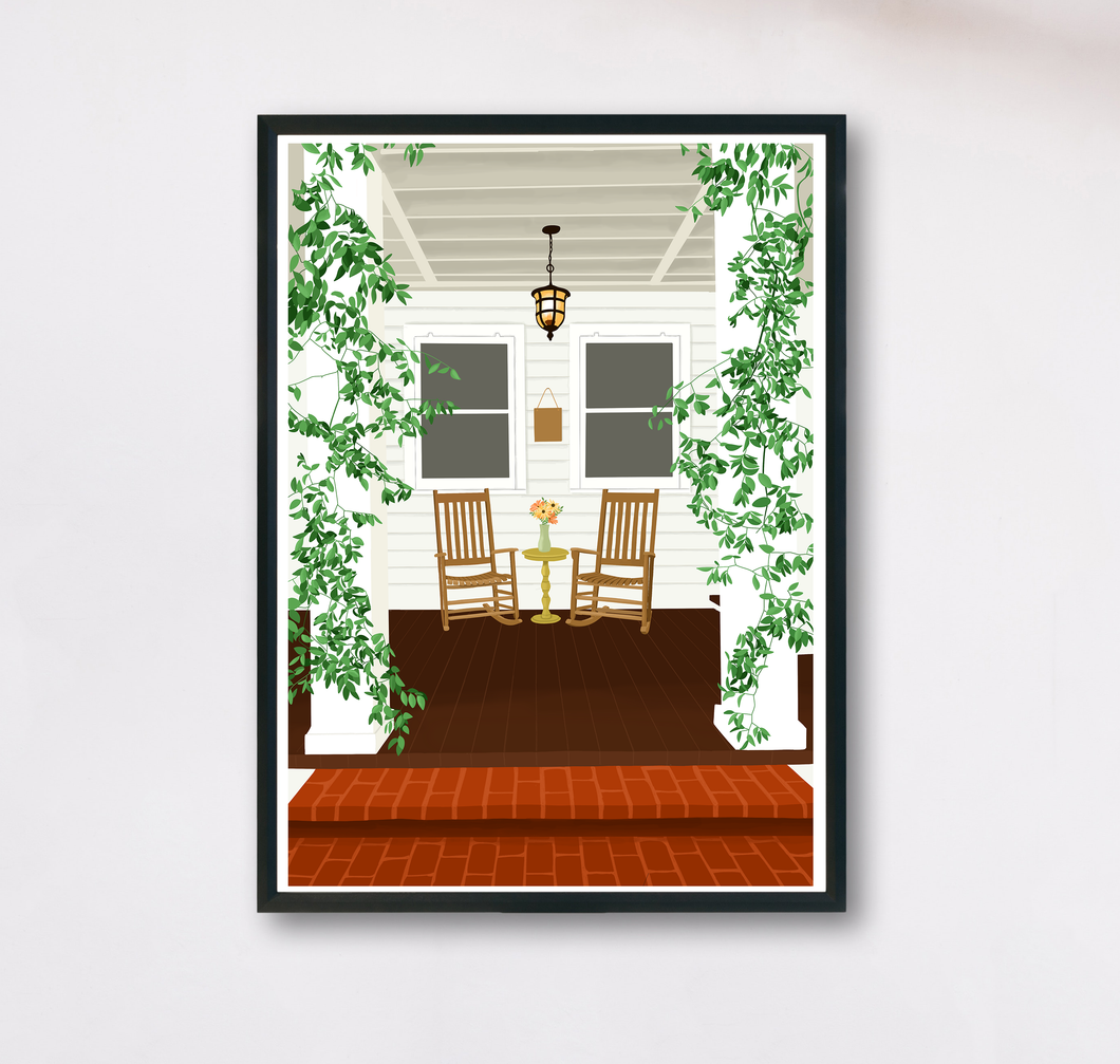 Kunstdruck mit Illustration einer gemütlichen Terrasse mit Schaukelstühlen und Pflanzen