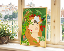 Lade das Bild in den Galerie-Viewer, moderne Dekoration mit einer surrealen Illustration des Kopfes einer Frau umgeben von Vögeln mit Vogelhaus
