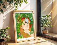 Lade das Bild in den Galerie-Viewer, botanisches Poster mit Gesicht einer schönen Frau und Vögeln
