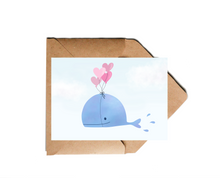 Lade das Bild in den Galerie-Viewer, süße Postkarte Wal mit Herzballons
