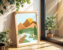 Lade das Bild in den Galerie-Viewer, Reiseposter mit Illustration einer Berglandschaft und Lettering Wanderlust

