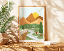 Lade das Bild in den Galerie-Viewer, Reiseposter mit Illustration einer Berglandschaft und Lettering Wanderlust
