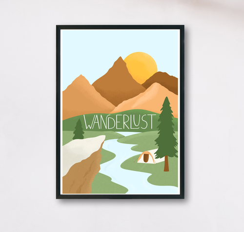 Natur Dekoration Poster, das eine Berglandschaft und ein Zelt abbildet, in die das Wort Wanderlust geschrieben ist