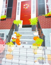 Lade das Bild in den Galerie-Viewer, Kalender Nahaufnahme des Oktobers mit handgemaltem Bild eines herbstlichen Hauseingangs
