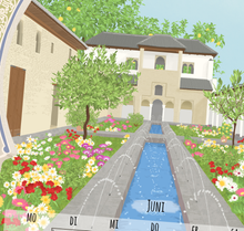 Lade das Bild in den Galerie-Viewer, Makroaufnahme des Kalenderblattes Juni des Reisekalenders 2027. Es ist eine beliebte Szene des Alhamra in  Spanien mit sehr vielen Blumen und Springbrunnen gemalt.
