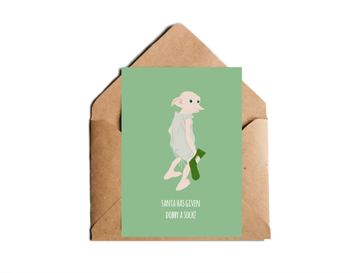 Harry Potter Weihnachtskarte mit Dobby Illustration und Spruch Sata has given Dobby a sock