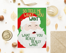 Lade das Bild in den Galerie-Viewer, nostalgische Weihnachtsgrüße versenden mit der Weihnachtskarte mit rappendem Weihnachtsmann und Text &quot;so tell me what you want what you really really want&quot; und passendem Kraftpapier Briefumschlag
