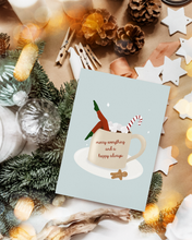 Lade das Bild in den Galerie-Viewer, feminine moderne Weihnachtskarte mit Illustration einer Tasse heißer Schokolade und englischem Spruch
