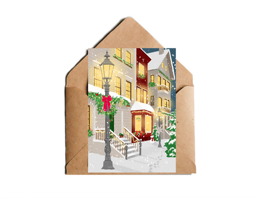 Weihnachtskarte mit modernem künstlerischem Bild von drei Häusern im Winter mit Weihnachtsdekoration und Weihnachtslichtern an den Fenstern und Hauseingängen, die eine gemütliche Atmosphäre ausstrahlen