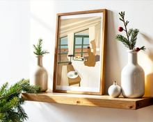 Lade das Bild in den Galerie-Viewer, Winter Dekoration mit hygge Poster eines Wintermorgens in einer Holzhütte in warmen Farben und Tannengrün
