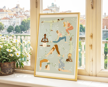 Lade das Bild in den Galerie-Viewer, moderner Yoga Kunstdruck für Dekoration deines Yoga Studios mit diversen Frauen verschiedener Kulturen in realistischen Yogaposen
