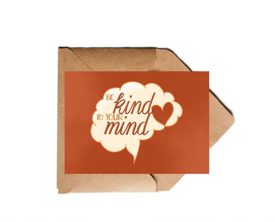 Postkarte mit aufmunterndem Spruch be kind to your mind auf rotem Hintergrund