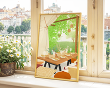 Lade das Bild in den Galerie-Viewer, Kunstdruck mit Illustration eines boho Zeltes mit gedecktem Tisch und vielen gemütlichen Kissen inmitten der Natur zum Entspannen und Entschleunigen
