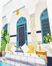 Lade das Bild in den Galerie-Viewer, Kunst Kalender mit Nahaufnahme eines Kalenderblattes Juli mit detailliertem Muster Bild eines Hammams im Sommer

