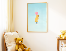 Lade das Bild in den Galerie-Viewer, Poster Unbeschwertheit mit Illustration einer in den Himmel aufsteigenden Frau mit Kaugummiblase
