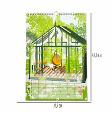 Lade das Bild in den Galerie-Viewer, Wandkalender 2026 in A3 mit Abbildung der Maße und eines Kalenderblattes August, dass ein gemütliches Gewächshaus zeigt
