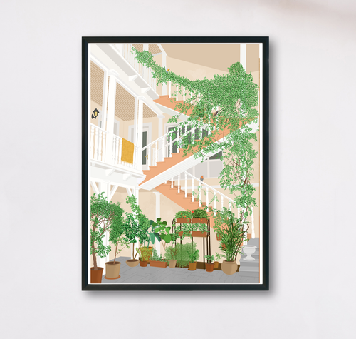 mediterranes Poster mit einem grünen bewachsenen Hinterhof in der Toskana mit vielen Pflanzen und Vögeln