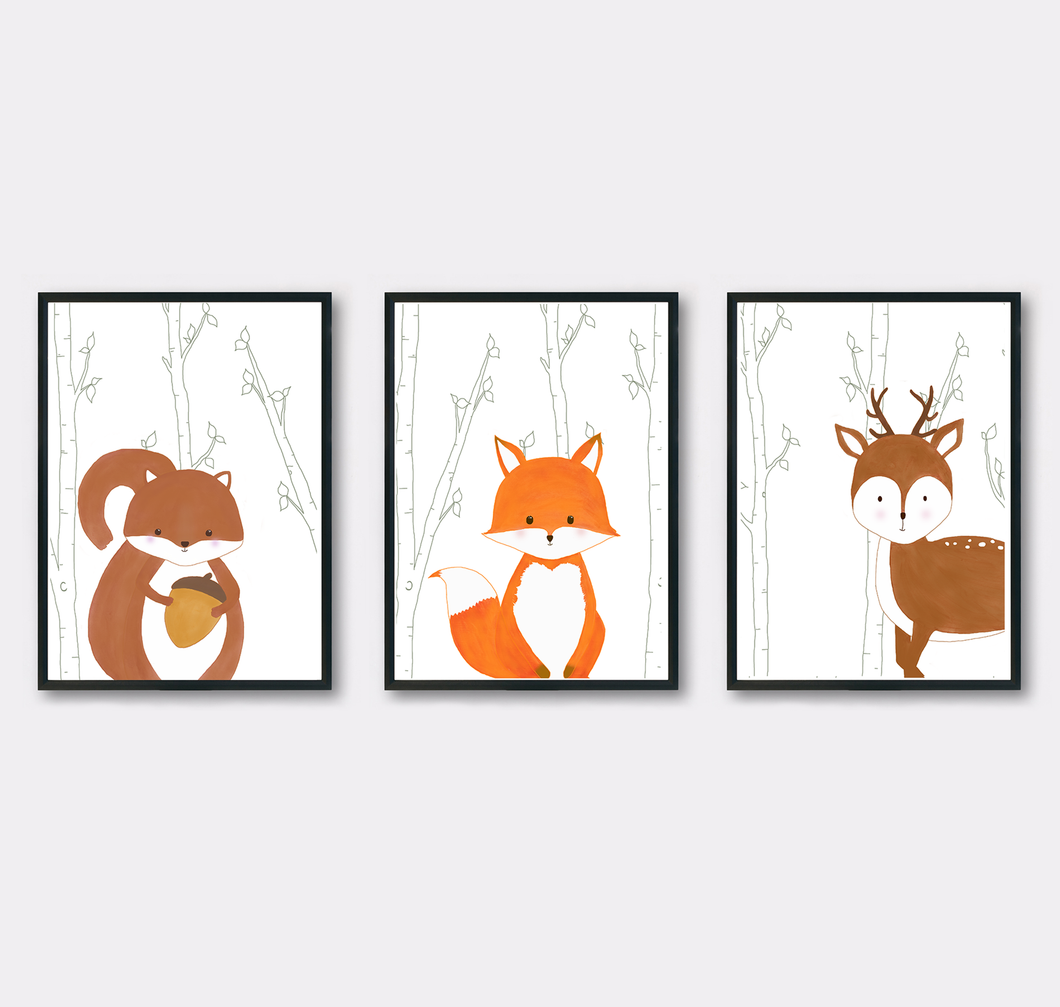 Kinderzimmer Poster Set mit Waldtieren Fuchs, Eichhörnchen und Reh