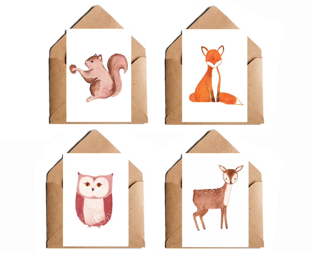 Postkarten Waldtiere - Set aus 4 Karten mit Fuchs Eichhörnchen Reh und Eule