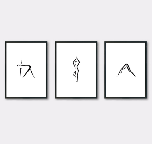 monochrome Kunstdrucke mit aquarell Yogaposen in minimalistischem Stil