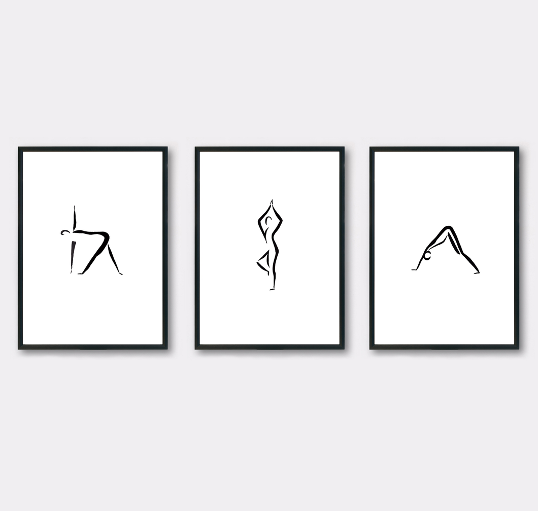 monochrome Kunstdrucke mit aquarell Yogaposen in minimalistischem Stil