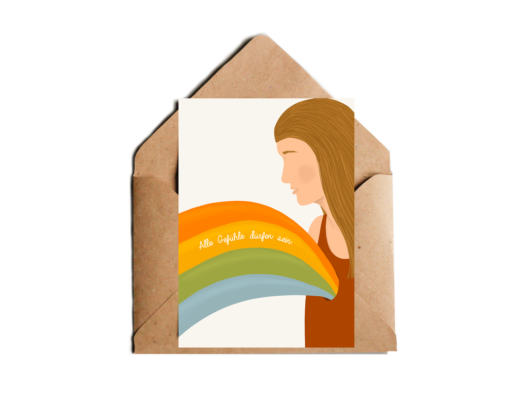 Postkarte Gefühle mit Spruch alle Gefühle dürfen sein und Regenbogen Illustration