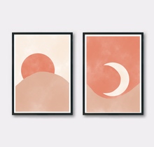 Lade das Bild in den Galerie-Viewer, Kunstdrucke im Boho Stil mit Mond und Sonne im Format A4 in warmen Endtönen - Set aus 2 Stück
