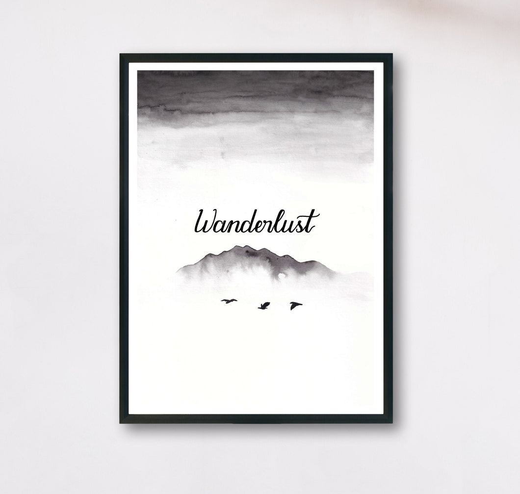 Kunstdruck Wanderlust mit minimalistischen Bergen