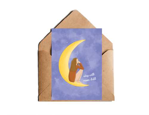 Postkarte mit Spruch stay wild moon child und moderner Illustration von Frau auf Mond